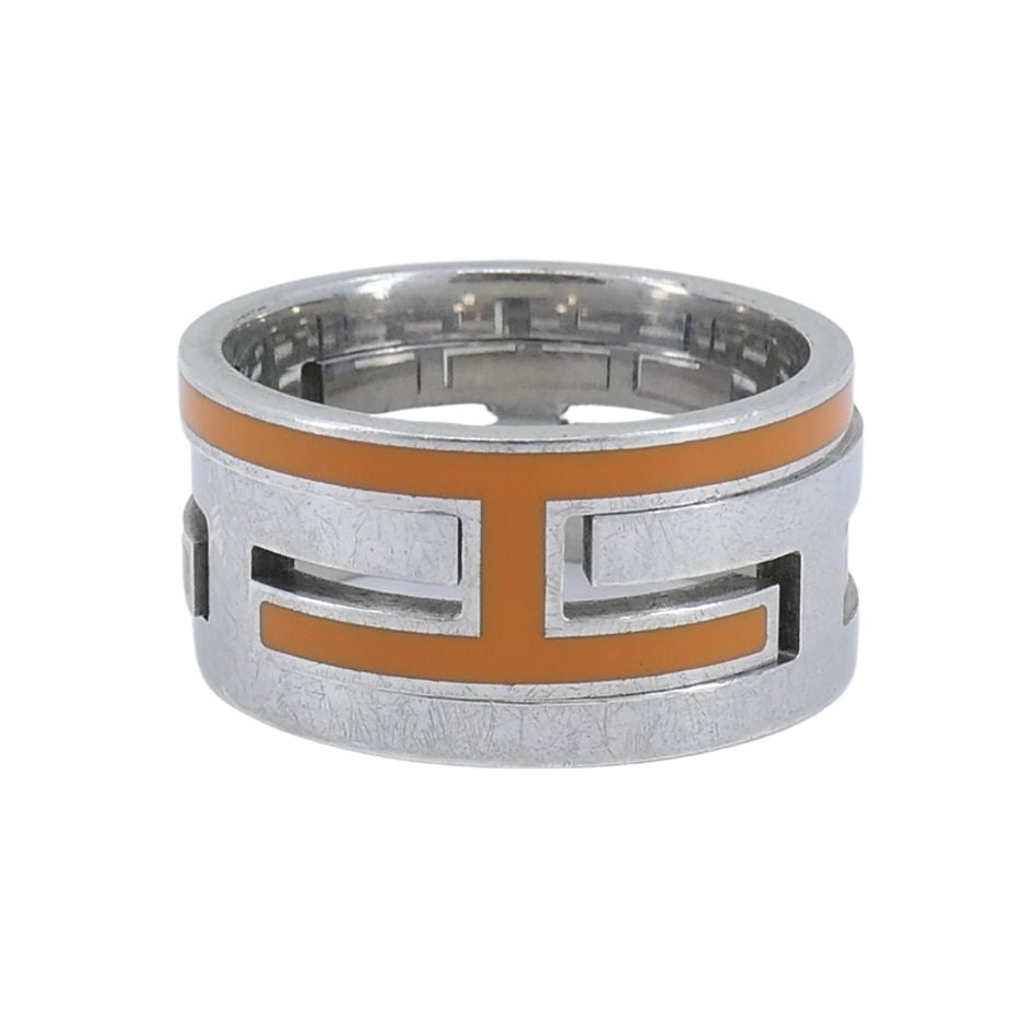 Hermès Sterling Silver Orange Enamel 'H' Motif Band Ring