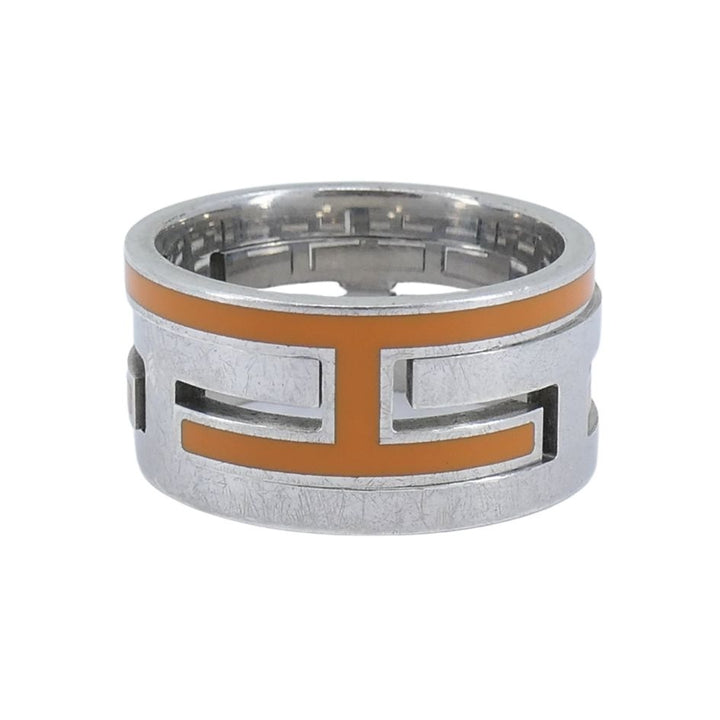 Hermès Sterling Silver Orange Enamel 'H' Motif Band Ring