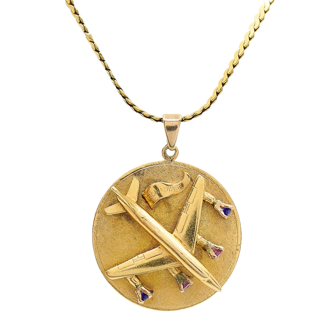 Vintage 14k Gold Airplane Pendant Gemstones 18k Gold Chain Necklace