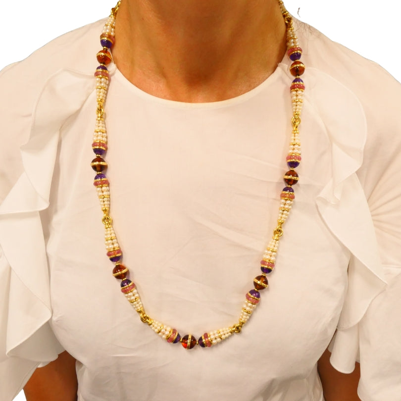Vintage Bvlgari 1990s Bulgari 18k Gold Gemstone Pearl Necklace Estate Jewelry