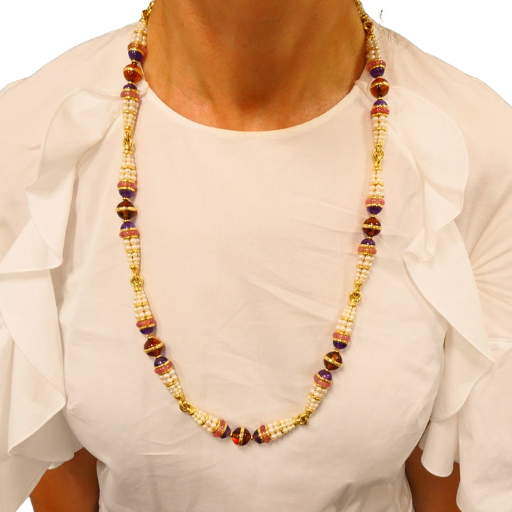 Vintage Bvlgari 1990s Bulgari 18k Gold Gemstone Pearl Necklace Estate Jewelry