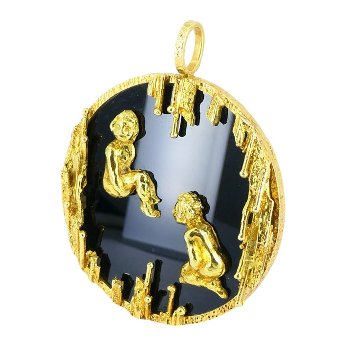 Vintage Kutchinsky 18k Gold Onyx Gemini Zodiac Pendant, Original Box
