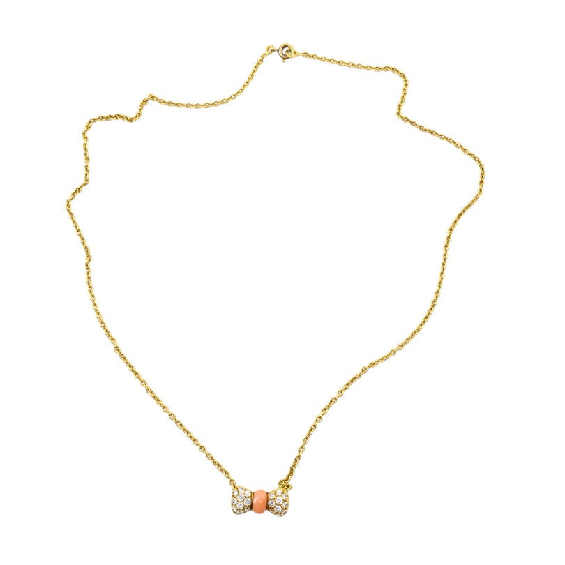 Van Cleef & Arpels Necklace 18k Gold Coral Diamond Bow Pendant