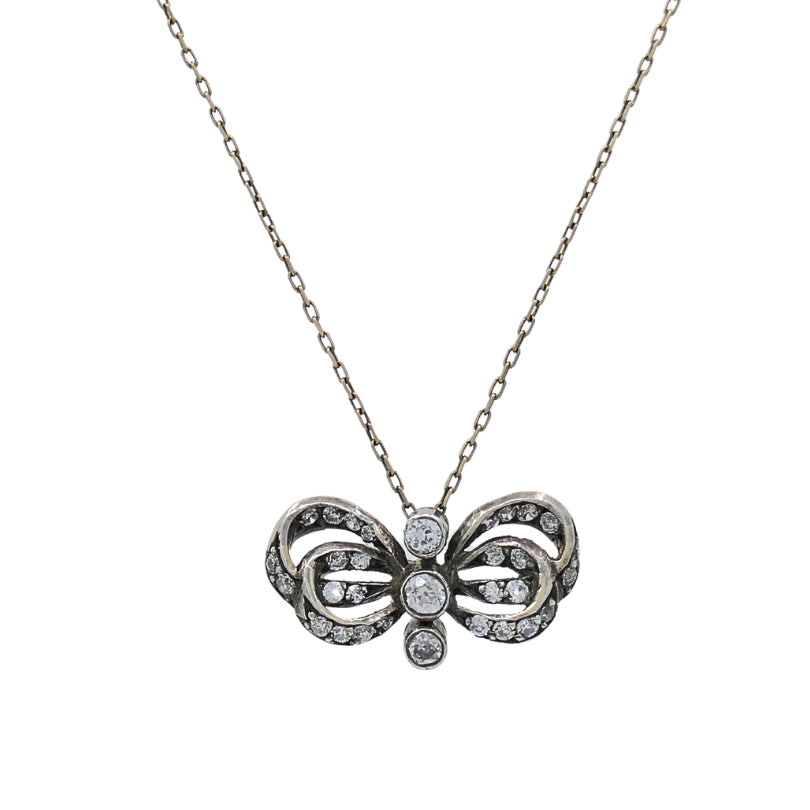 10k Gold Necklace Diamond Bow Pendant Edwardian Style