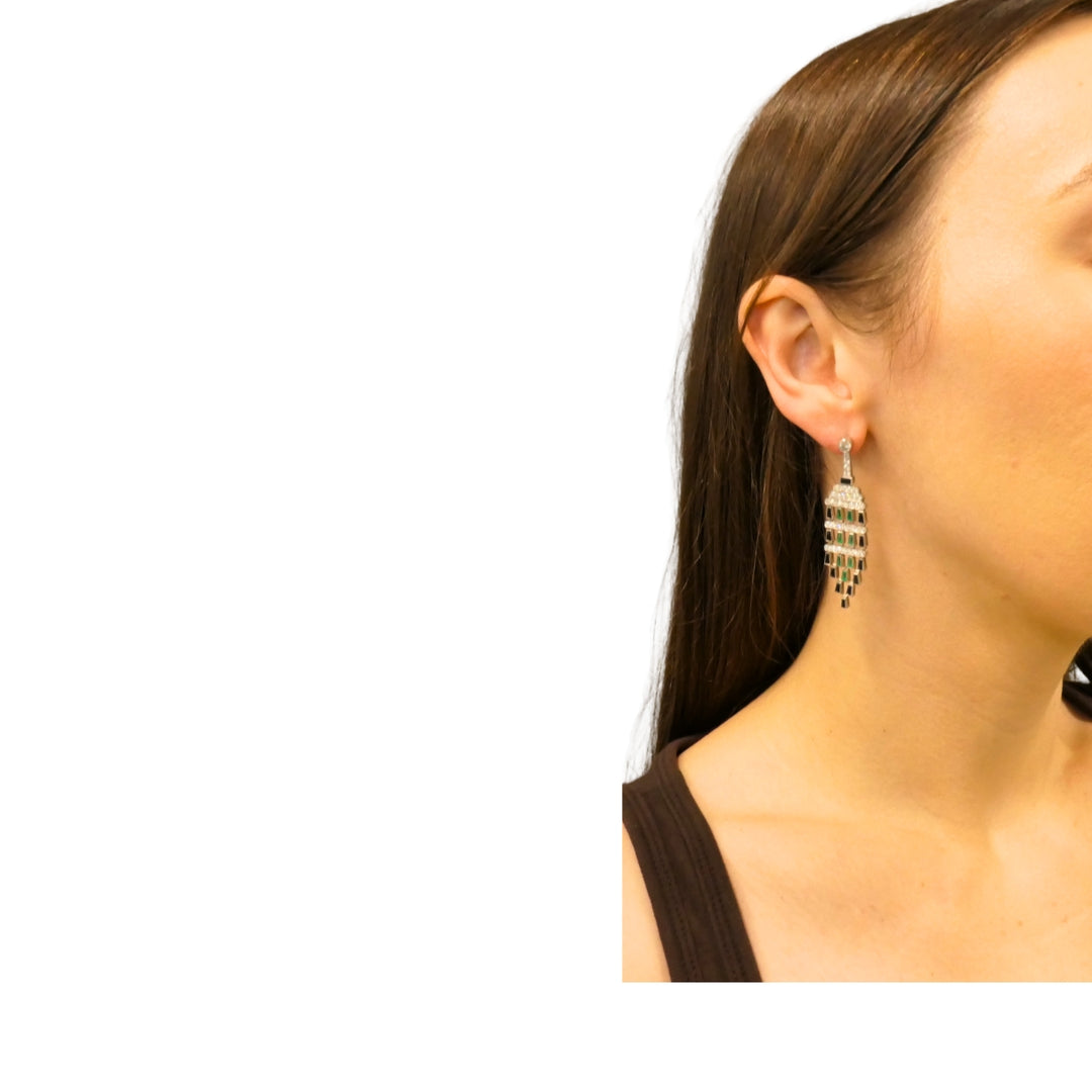 Diamond Emerald Onyx Dangle Earrings Art Deco Revival
