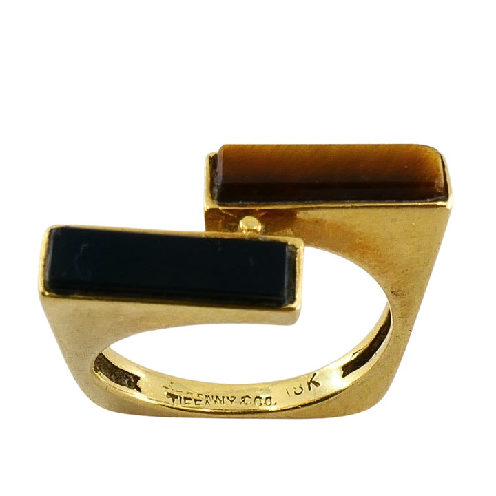 Vintage Tiffany & Co. 18k Gold Onyx Tiger's Eye Modernist Bypass Ring