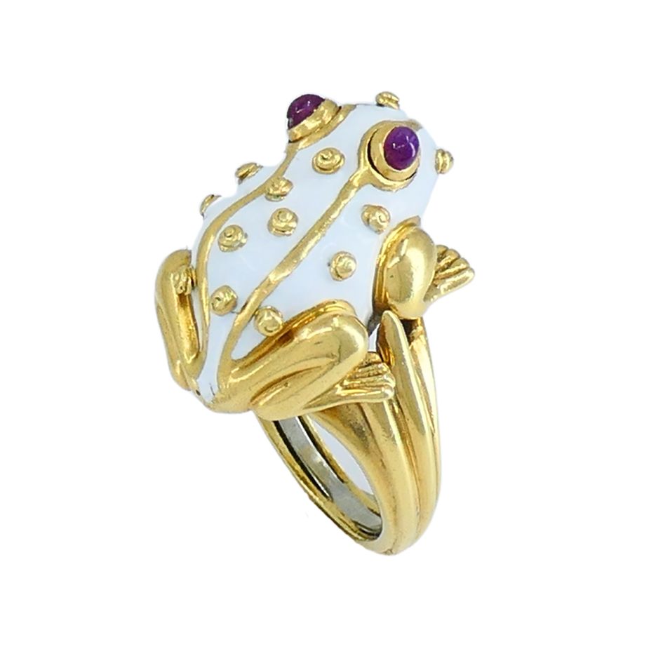 1990s David Webb 18k Gold White Enamel Ruby Frog Ring