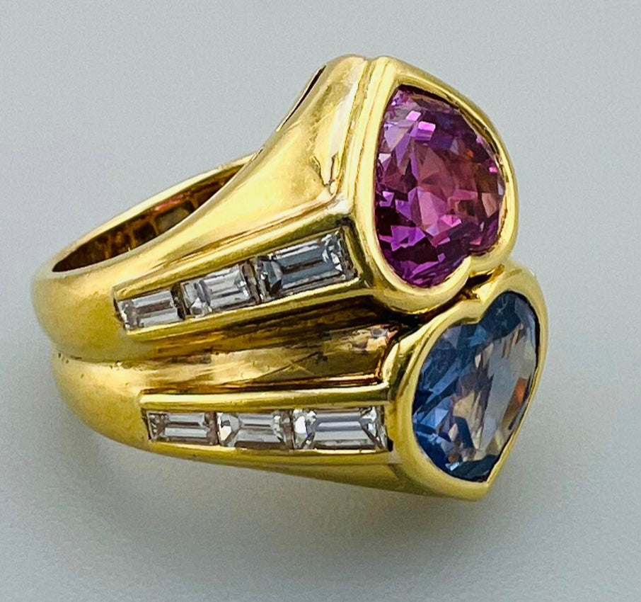 1980's Bulgari 7.67 Carat Blue and Pink Sapphire and Diamond Double Heart Ring w/ GIA