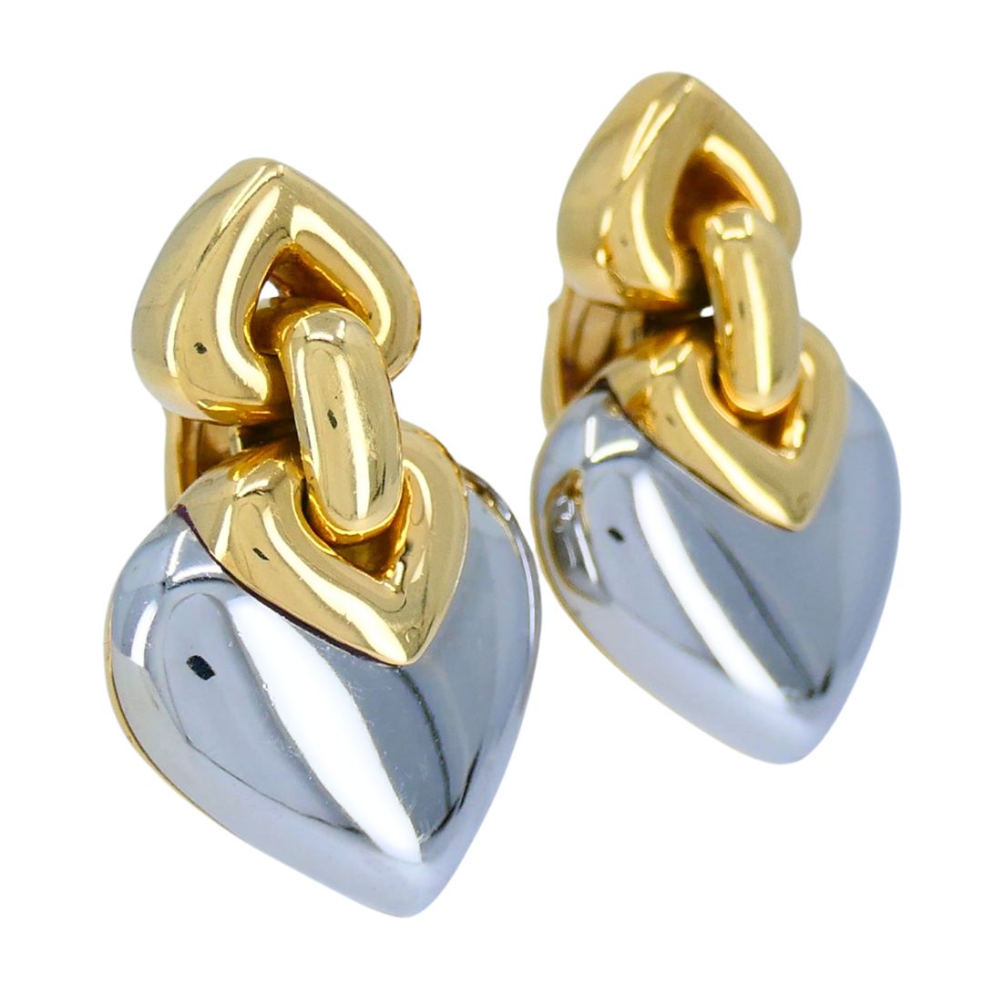 Vintage Bvlgari 18k Gold Steel Doppio Cuore Heart Earrings