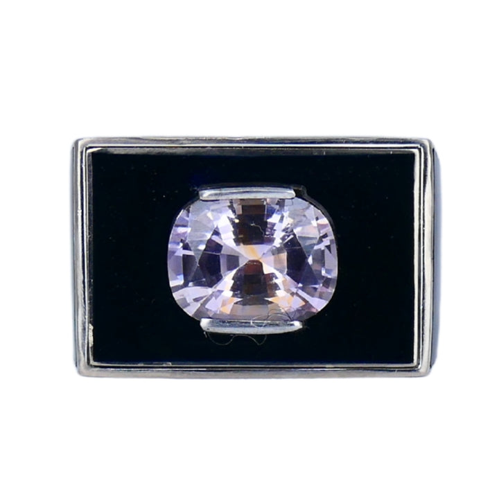 Vintage 18k White Gold Pink Sapphire Black Enamel Ring
