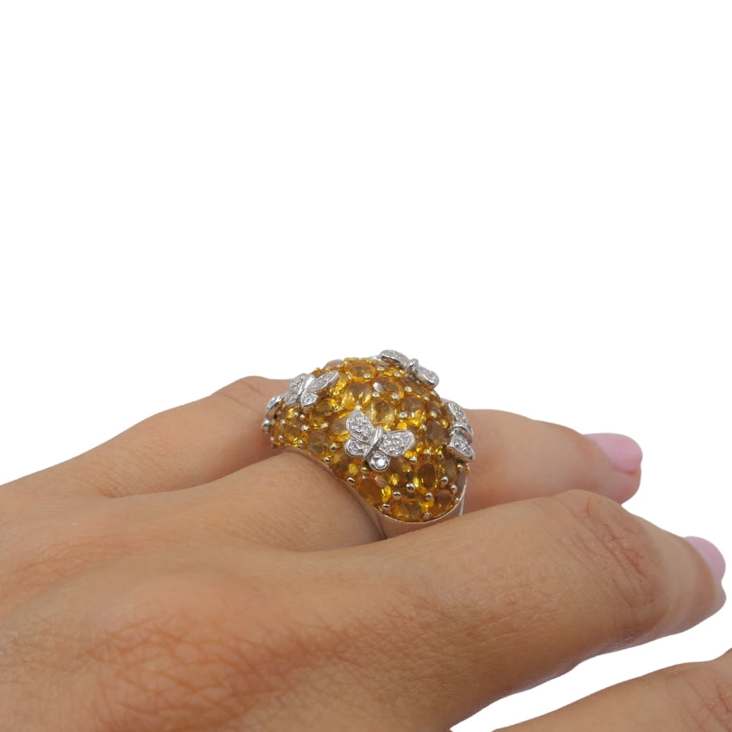 14k White Gold Citrine Diamond Butterfly Dome Ring