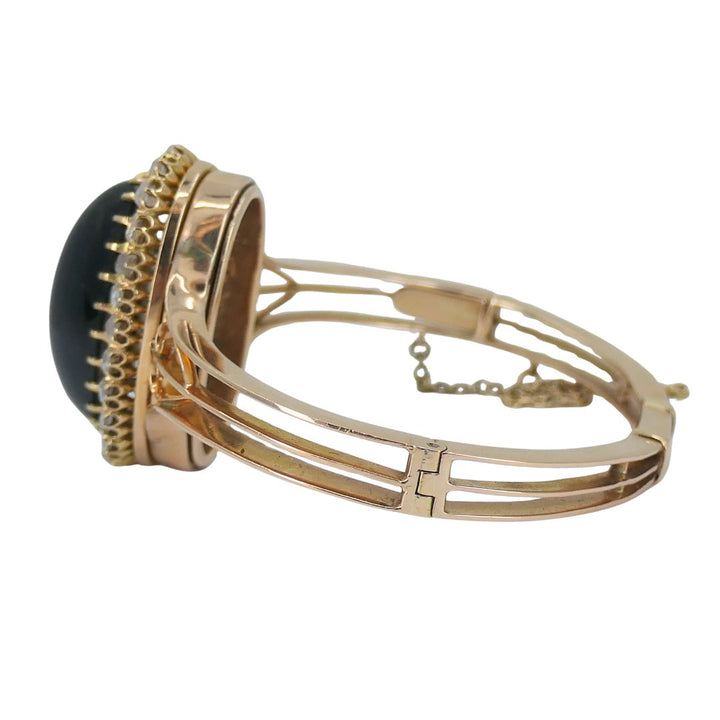 Antique Victorian Gold Diamond Cat's Eye Clamper Bracelet