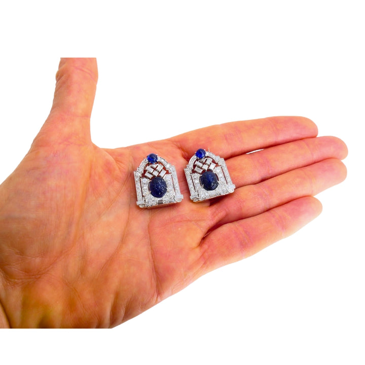 Vintage French Platinum Diamond Clips Carved Sapphire Estate Jewelry