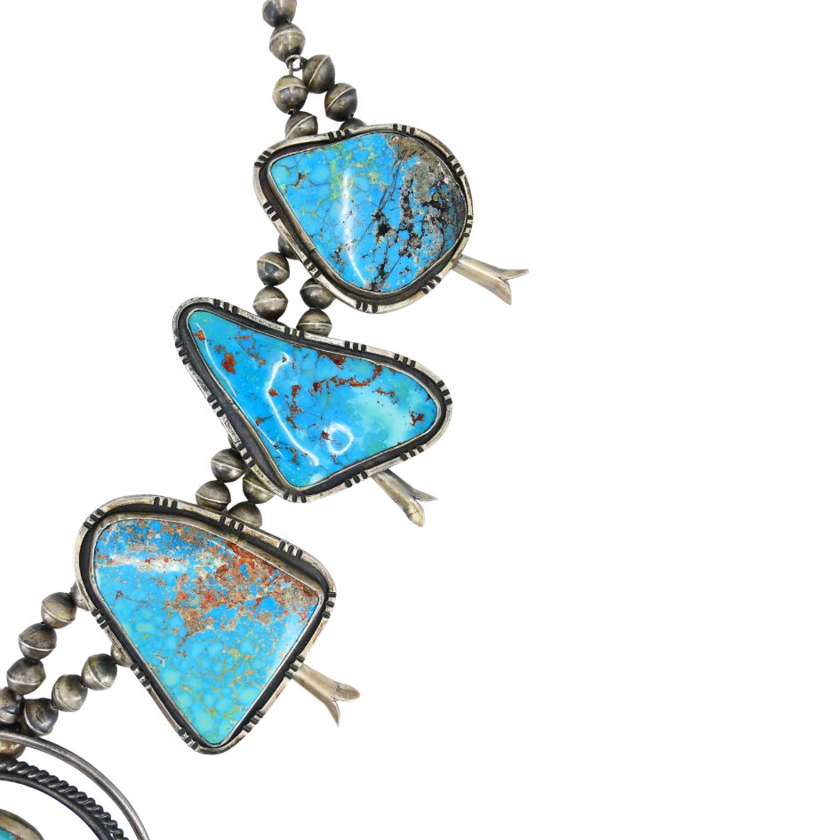 Signed Navajo Native Indian Sterling Silver Turquoise Squash Blossom Necklace