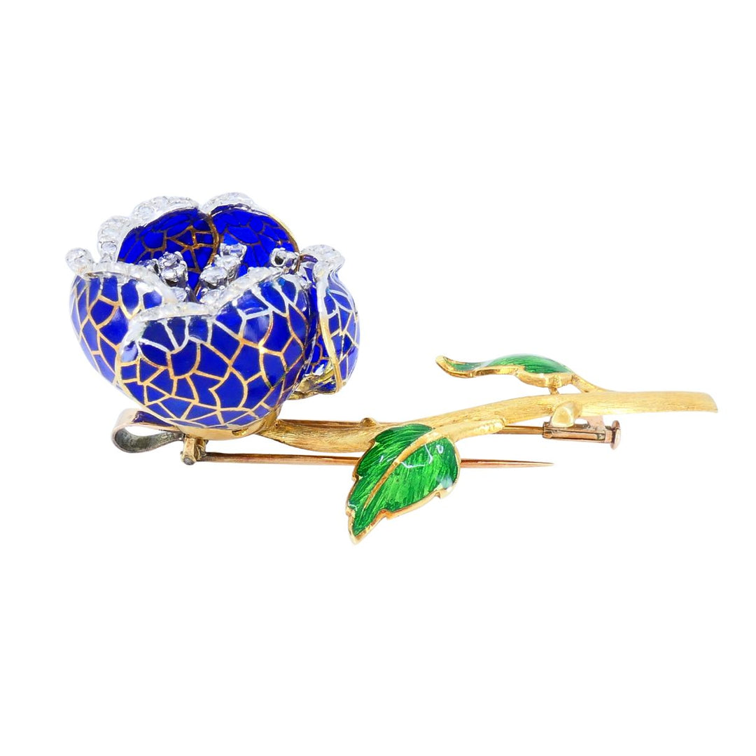 Vintage 18k Gold Diamond Enamel Flower Pendant Clip Brooch