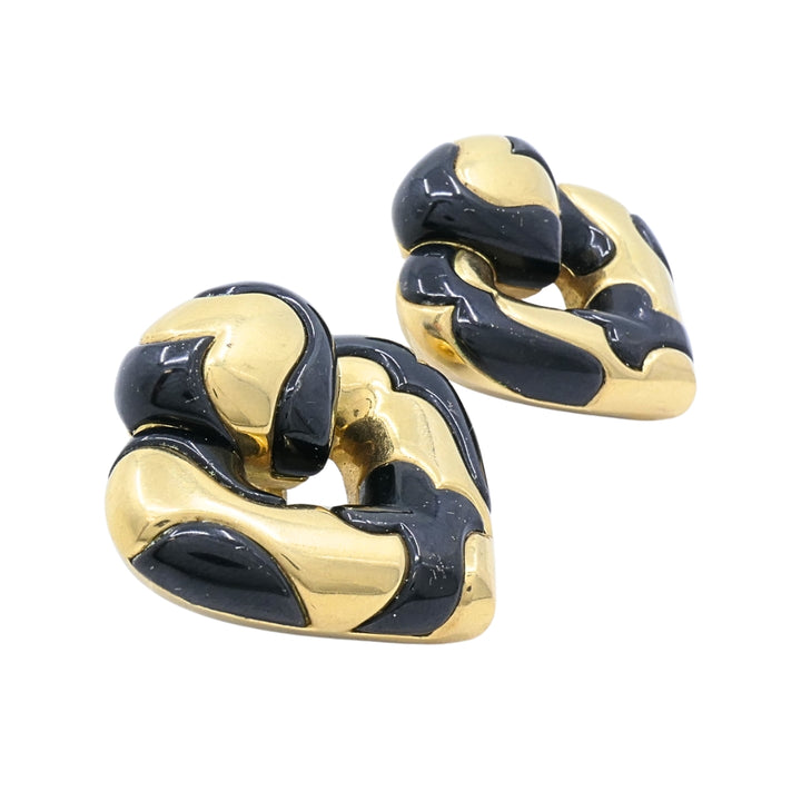 Marina B 18k Gold Black Enamel Heart Earrings Vintage Italian Designer Clip-Ons