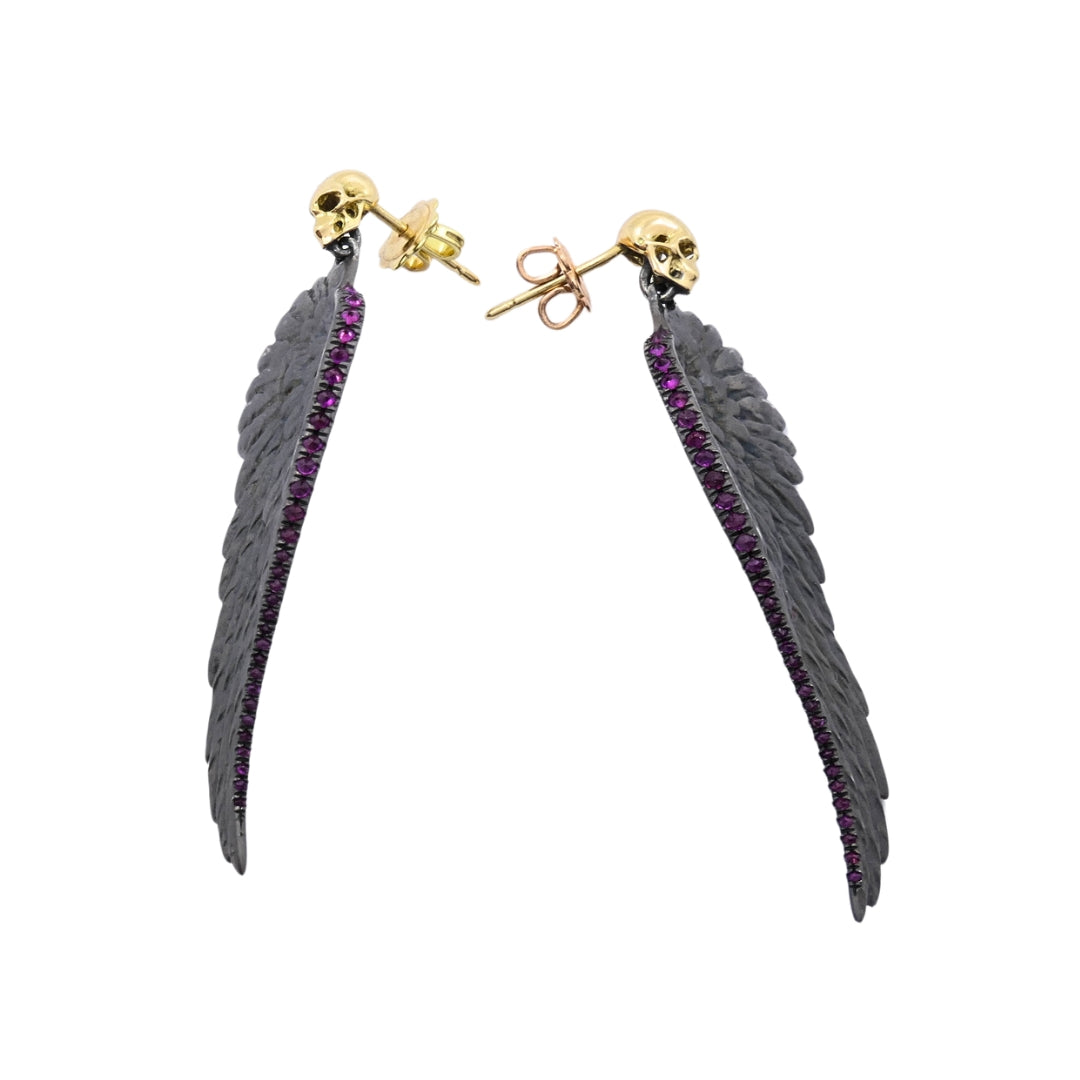 Theodoros 18k Gold & Sterling Silver Ruby Wing Skull Earrings