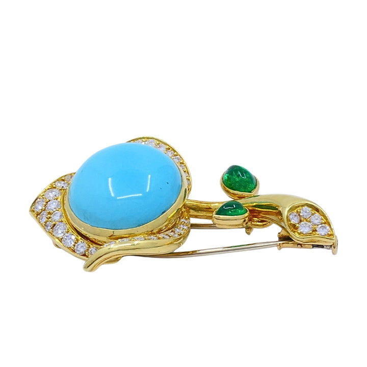 Bvlgari Bulgari 18k Gold Turquoise Flower Brooch Emerald Diamond Accents