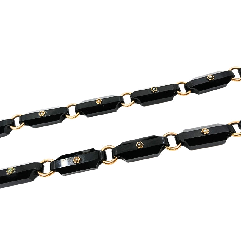 Vintage Black Onyx Necklace Floral Design 14k Gold Links