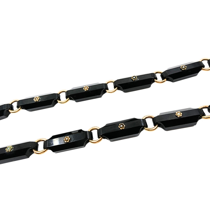 Vintage Black Onyx Necklace Floral Design 14k Gold Links