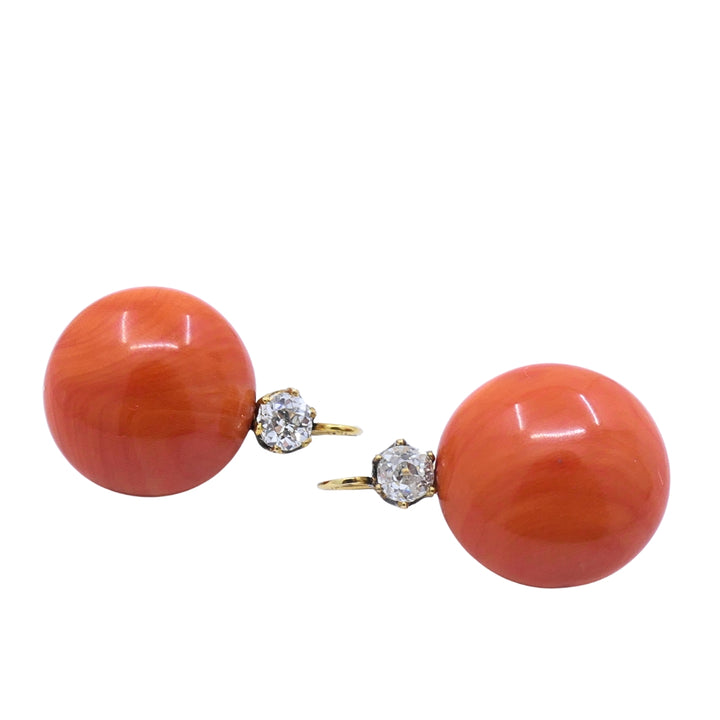 Antique Victorian 14k Gold Coral Diamond Drop Earrings, 1890 - 1900