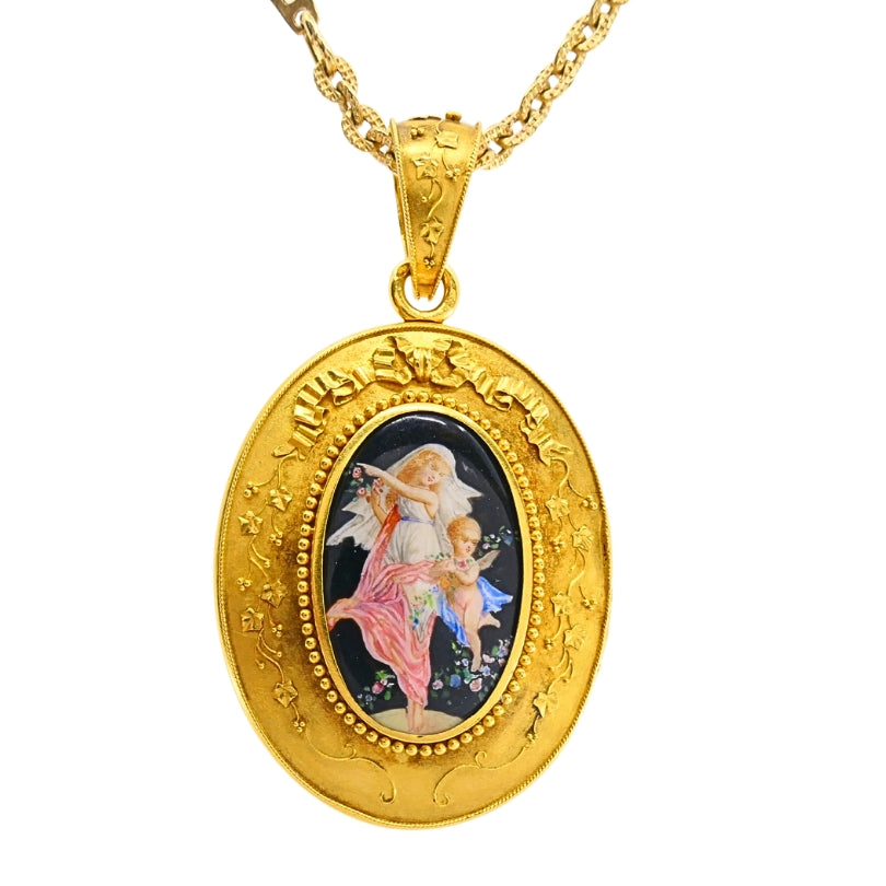 Victorian 18k Gold Locket Pendant Necklace Enamel Miniature