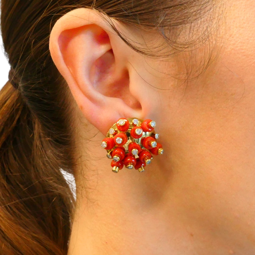 Vintage Aletto Brothers Coral Earrings 18k Gold Diamond Sputnik Design Estate Jewelry