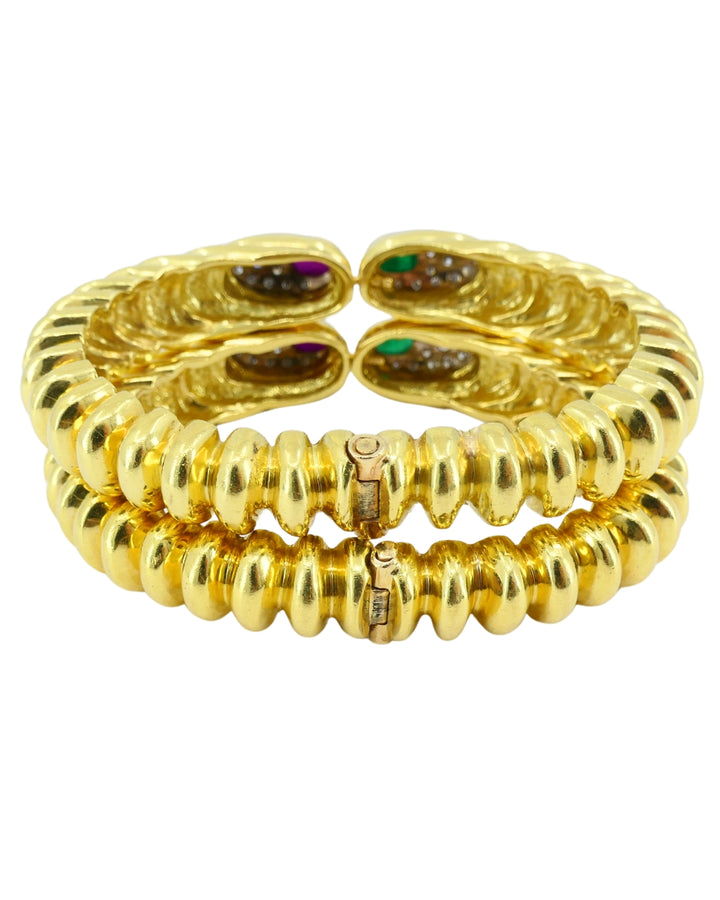 David Webb Pair of 18k Gold Bracelets Platinum Diamond Gemstone Cabochons