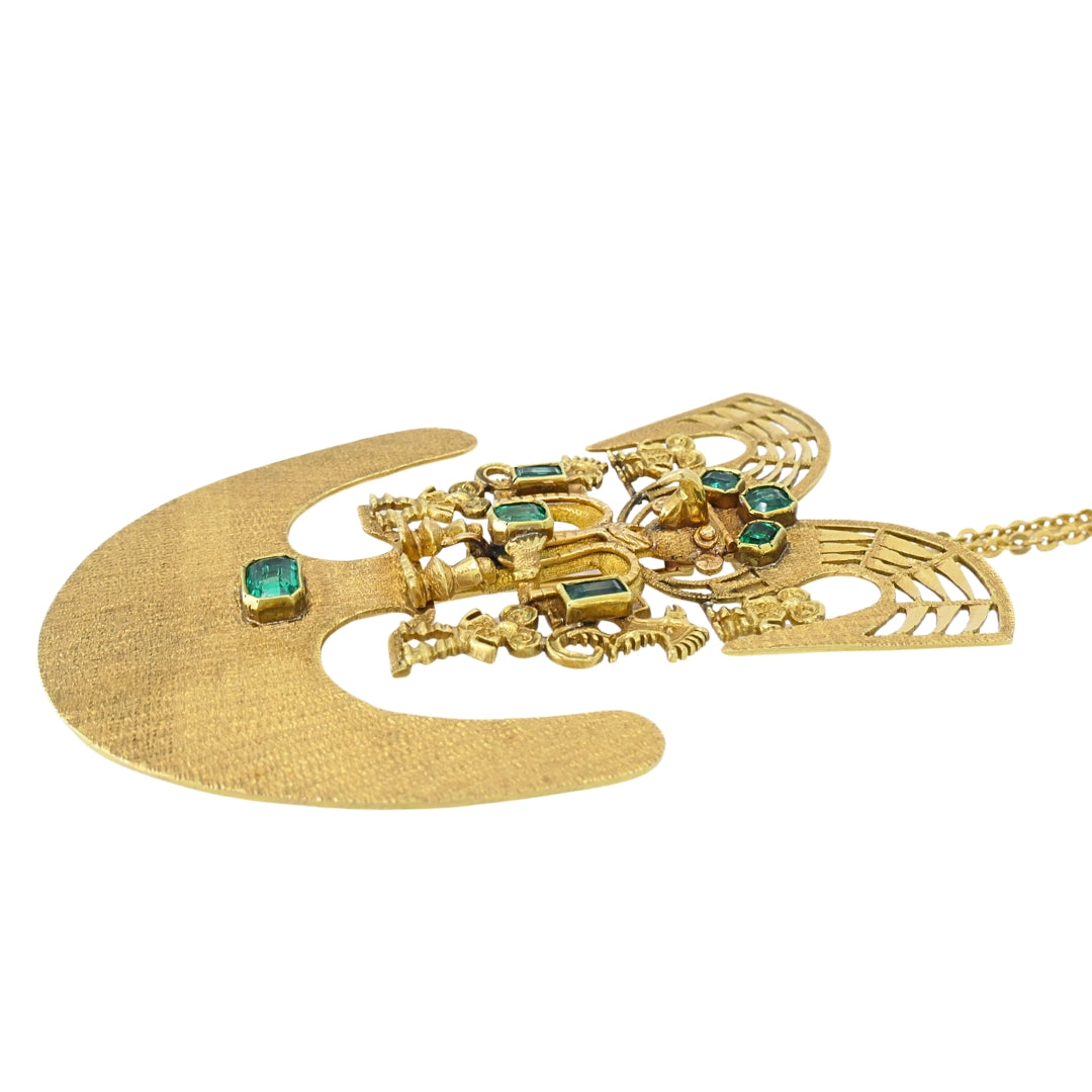 Vintage Pre‑Columbian Revival 18k Gold Emerald Tairona Style Pendant‑Brooch