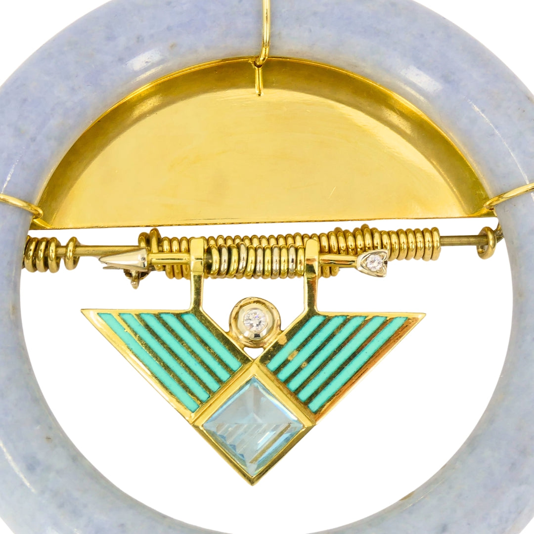 David Webb 1960s Jade Aquamarine Diamond Enamel Gold Brooch Pendant
