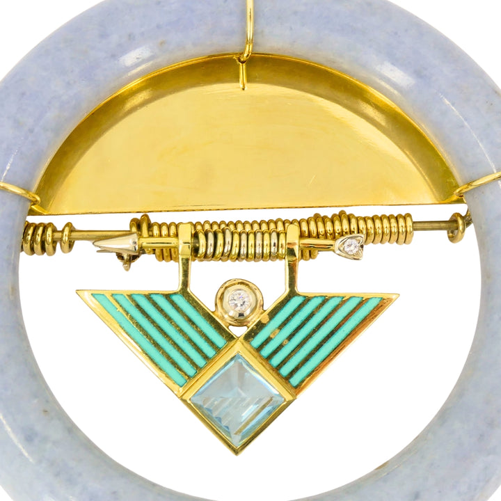 David Webb 1960s Jade Aquamarine Diamond Enamel Gold Brooch Pendant