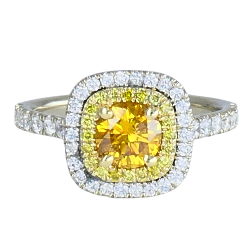 14k White Gold Ring Fancy Yellow Orange Diamond GIA Double Halo Estate Jewelry
