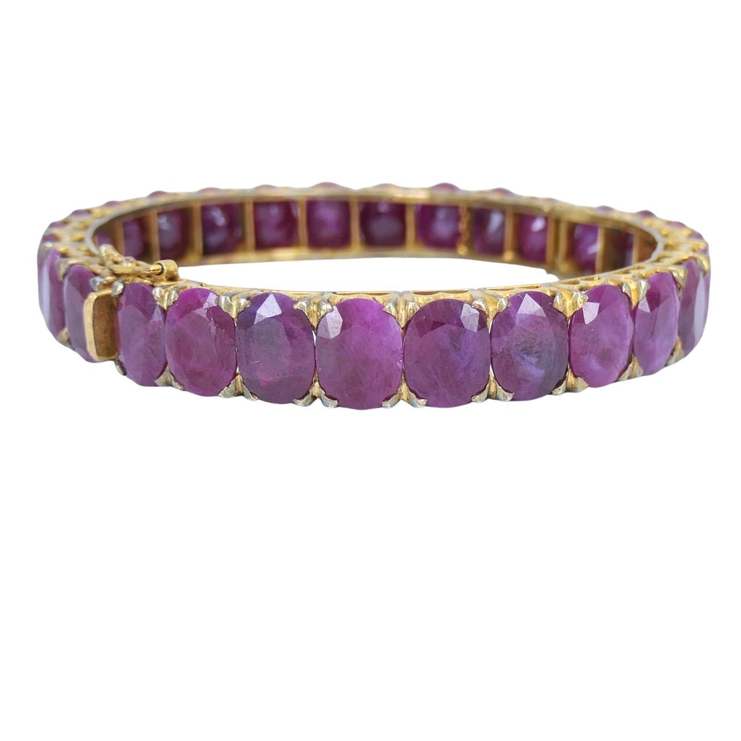 Vintage 18k Gold Ruby Hinged Bangle Bracelet Mid 20th century