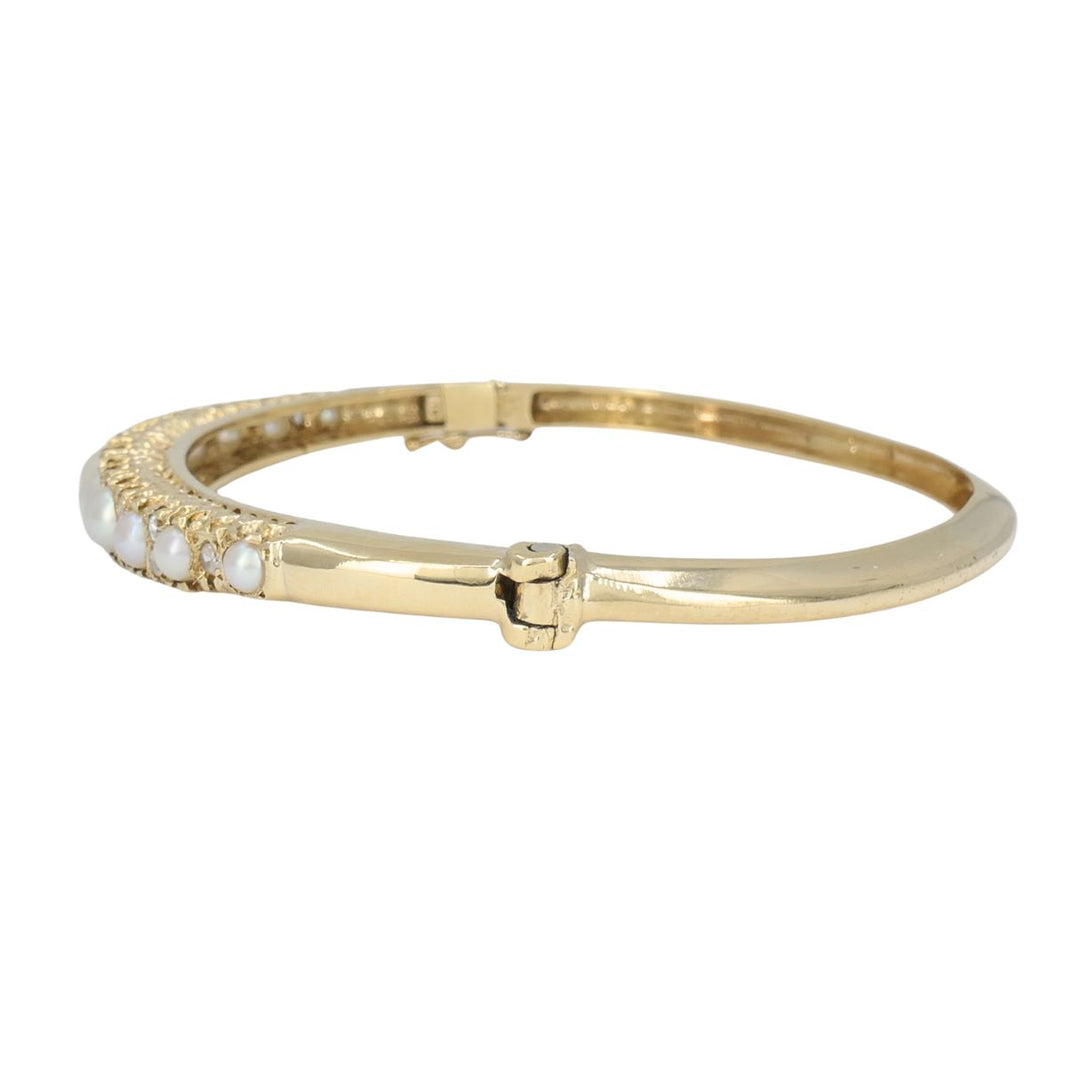 Antique Victorian 14k Yellow Gold Pearl Diamond Hinged Bangle Bracelet