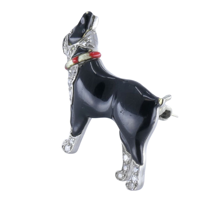 Art Deco Platinum Onyx Diamond Enamel French Bulldog Brooch, Circa 1920s–1930s
