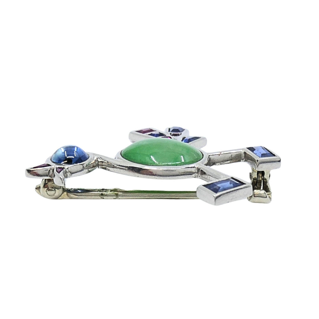 Vintage Modernist 14k White Gold Multigemstone Bird Brooch