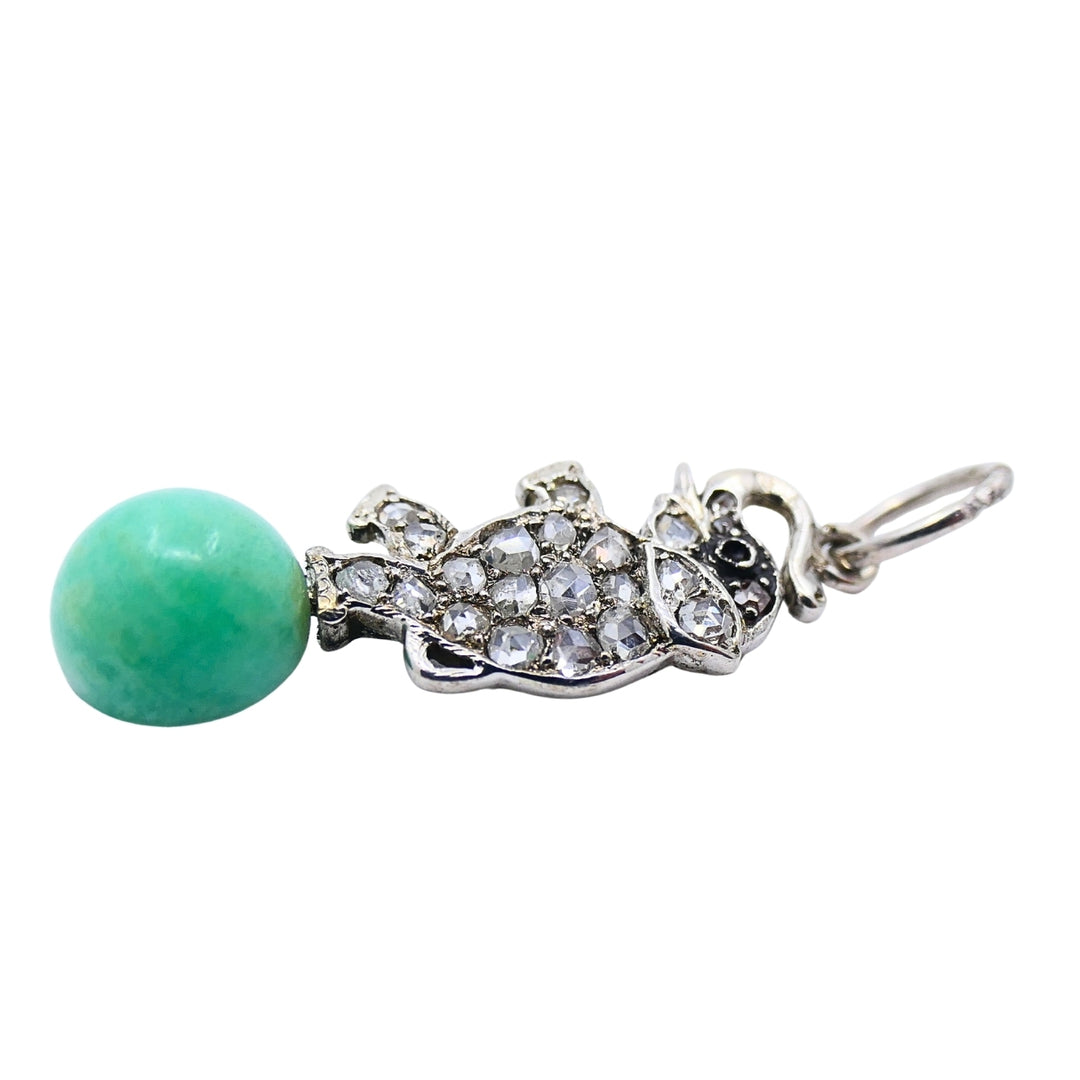 Antique Platinum‑Topped 14k Gold Diamond Elephant Charm Green Bead Accent