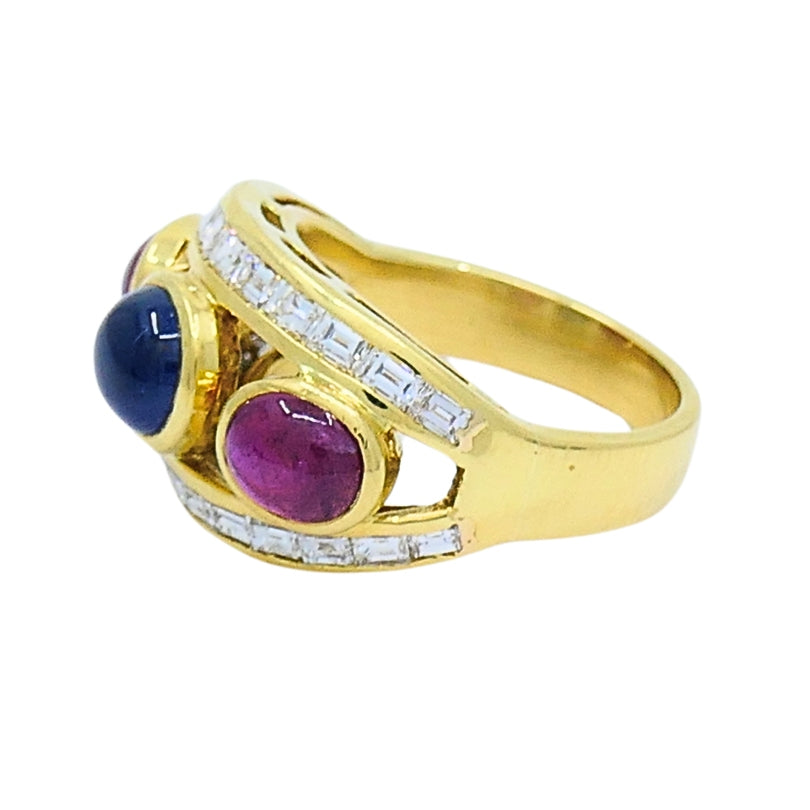 Vintage 18k Gold Ring Cabochon Ruby Sapphire Diamond