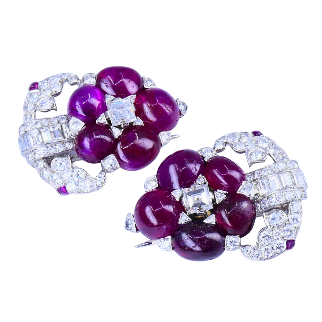 Art Deco No-Heat Cabochon Ruby Diamond Platinum Double Clip Brooch Pair