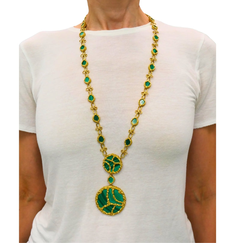 1980s Mauboussin Paris 18k Gold Malachite Pendant Necklace