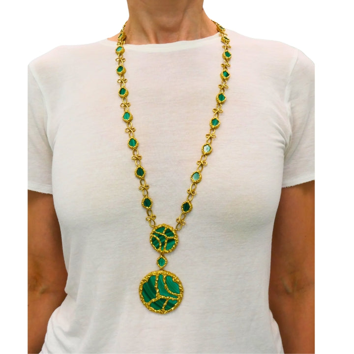 1980s Mauboussin Paris 18k Gold Malachite Pendant Necklace