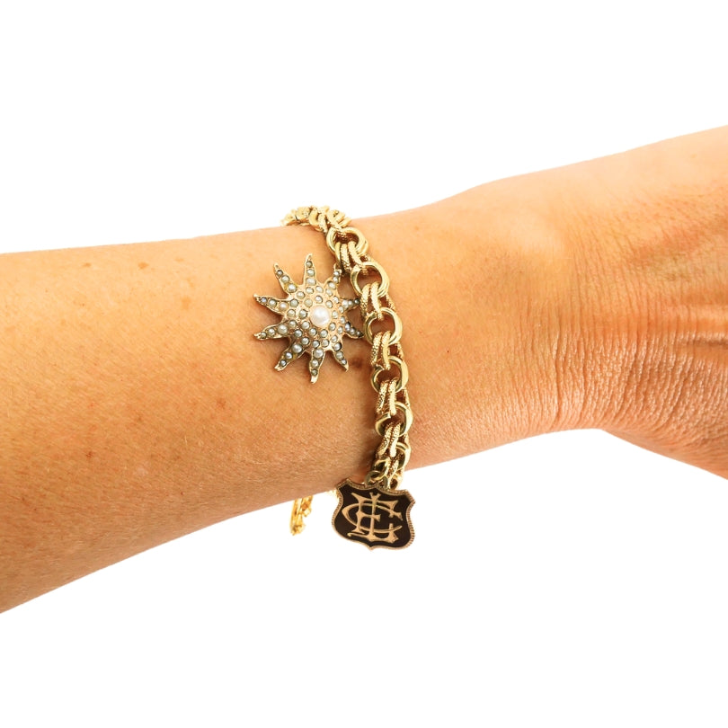 Victorian 14k Gold  Link Bracelet  Enamel Pearl & Engraved Charms