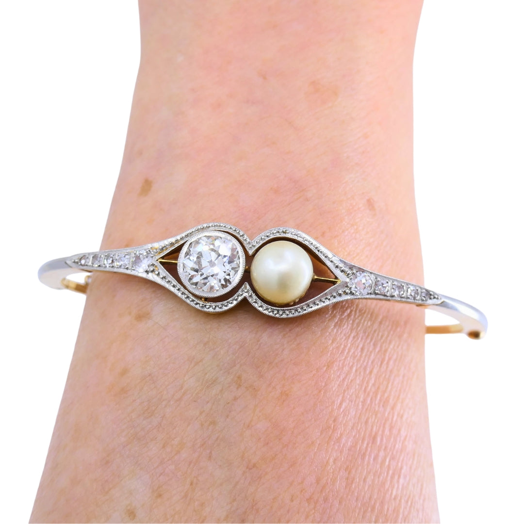Edwardian Diamond Bracelet Pearl Gold Platinum Filigree Pattern