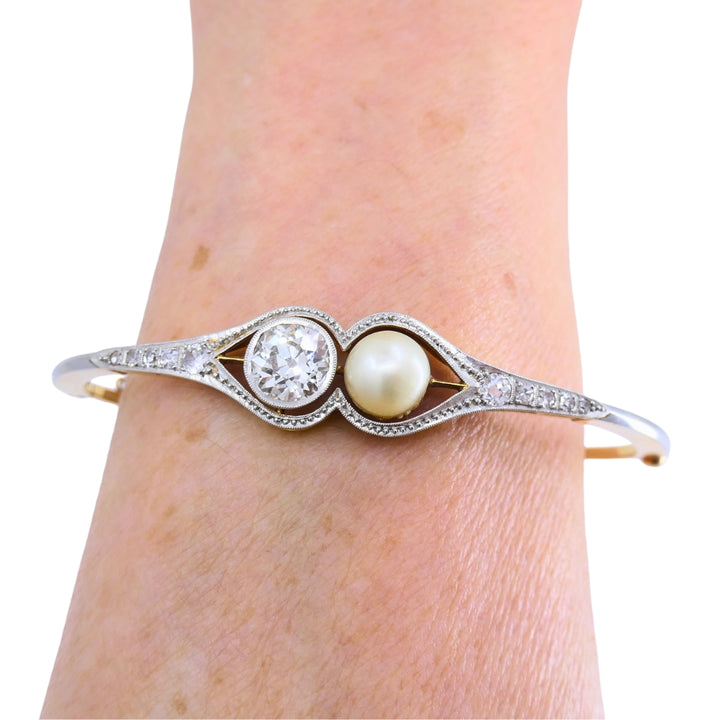 Edwardian Diamond Bracelet Pearl Gold Platinum Filigree Pattern