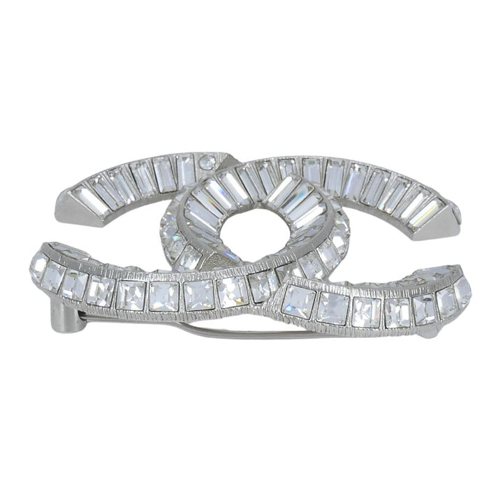 Chanel CC Logo Crystal Silver Pin Brooch