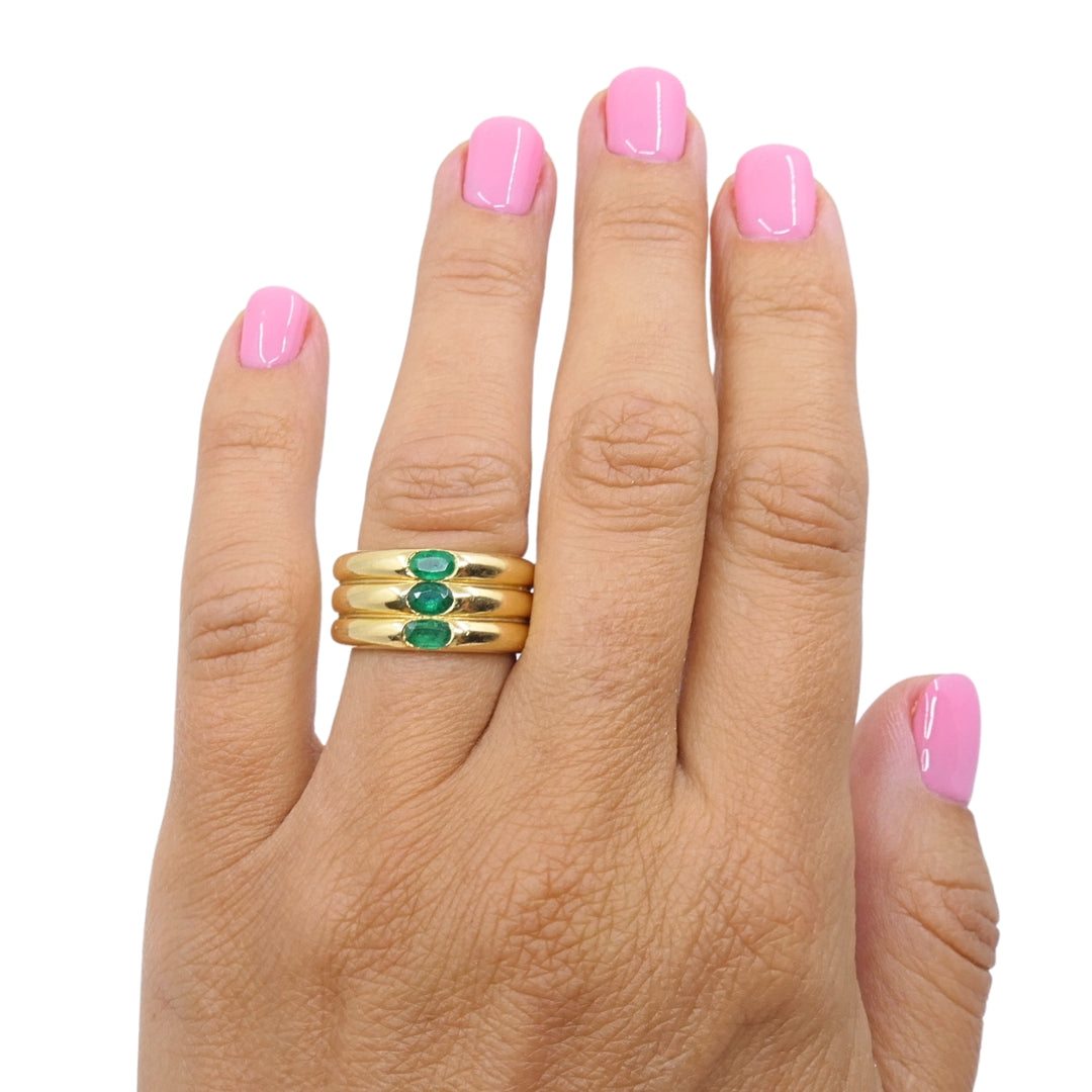 Vintage Cartier 18k Gold Emerald Three-Row Band Ring, 1995