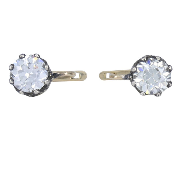 Antique Two Tone Diamond Drop Earrings 14k Gold Silver Old European Cut