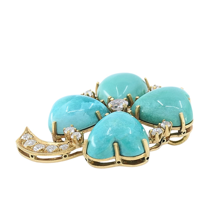 Vintage 14k Gold Turquoise Heart Clover Pendant with Diamonds