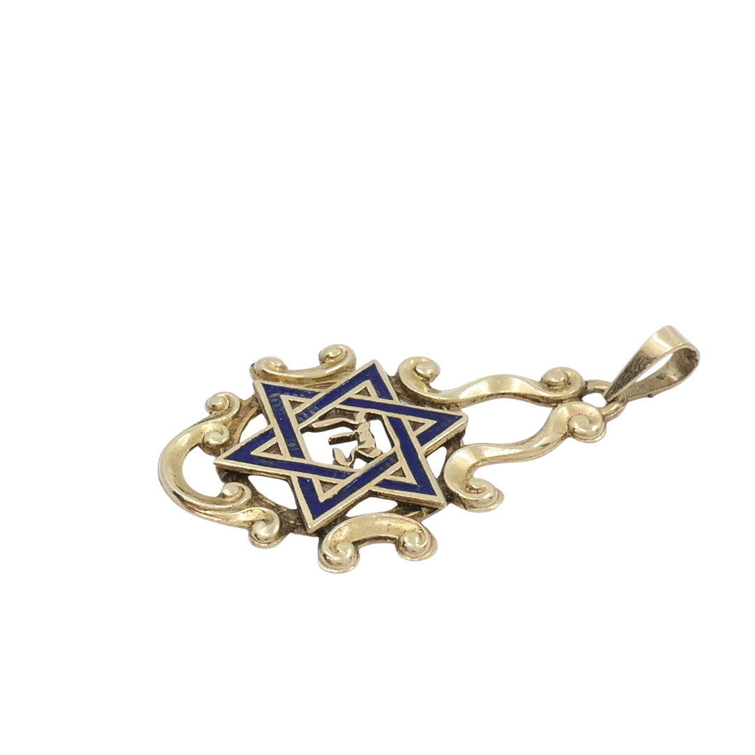 Vintage 14k Gold Blue Enamel Star of David Chai Pendant
