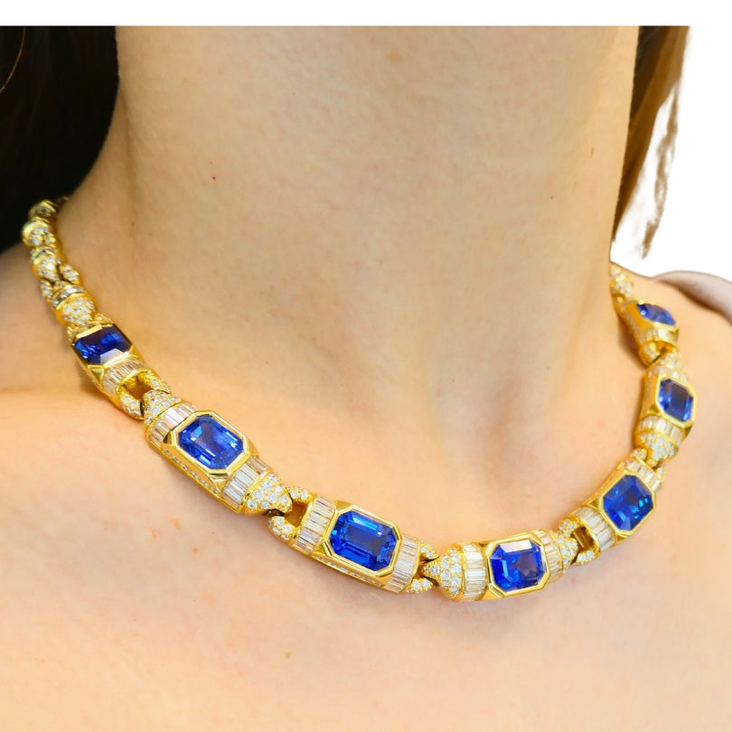 Bvlgari Bulgari 18k Gold Necklace Diamonds Sri Lanka Sapphires No Heat 39.77 Carats GRS Report